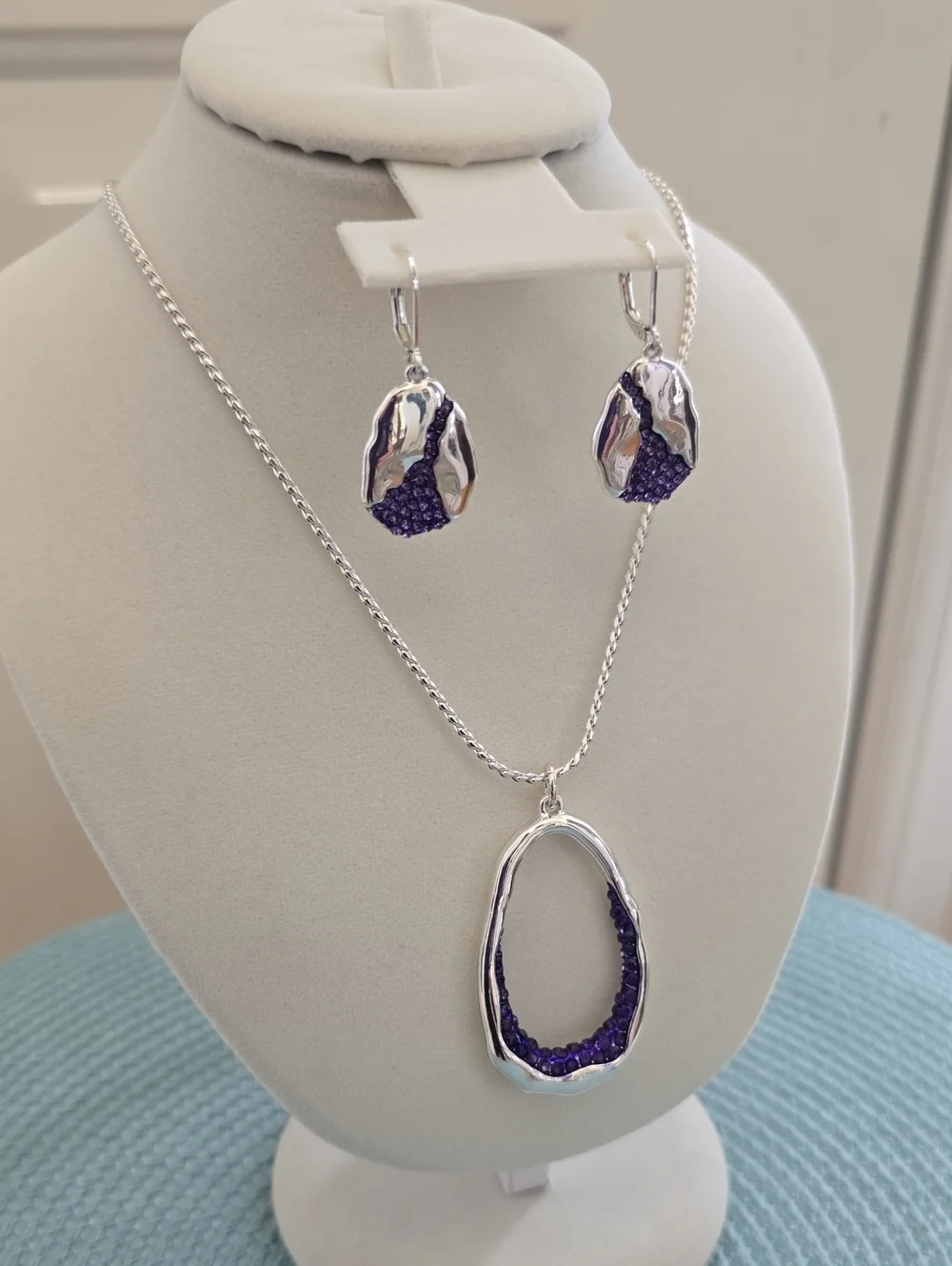 Nine West Brand Women's Silver Tone Necklace and Earring Set with Purple Accents